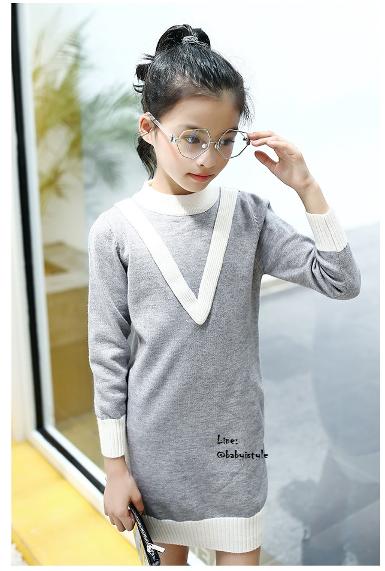 *Sales เด็กโต-เดรสแขนยาวไหมพรมทรงสอบสีเทาแต่งตัวV ไซส์ 150 รหัส KKK799C