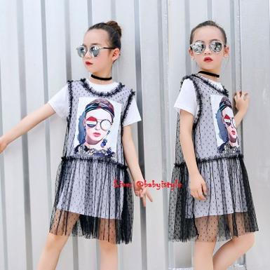  Salesเด็กโต-ชุด2ชิ้นเดรสแขนสั้นสีขาวCOURAGE+เดรสผ้าตาข่ายสีดำปักรูปสาวเปรี้ยวไซส์140/150รหัสKKK972A