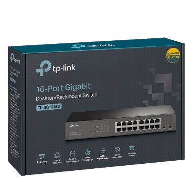 TP-LINK TL-SG1016D 16 Port 10/100/1000 Gigabit Unmanaged Switch, 1U 13" Rack-mount steel case